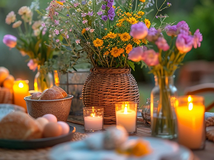 A dining table lit with multiple candles for an